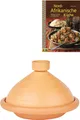 Marokkanische Tajine Topf zum Kochen + Kochbuch | Schmortopf Unglasiert Tuareg Ø 36cm für 5 - 8 Personen | inklusive Rezepte Buch Nord Afrikanische Küche | ORIGINAL Tontopf handgetöpfert aus Marokko