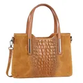 OBC Made IN Italy Damen Echt Leder Tasche Kroko-Prägung Business Shopper Schultertasche Handtasche Ledertasche Umhängetasche Wildleder Cognac