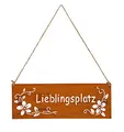 levandeo Schild Lieblingsplatz 25x9cm Außen Garten-Deko Rost Braun Edelrost Rostdeko Blumen Metall Türschild Wandbild Außendeko