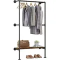 Kleiderstange Industrial Schwarz,kleiderständer Für Wandmontage,garderobenständer Mit Ablage,für Schlafzimmer,kleiderstangensystem Aus Metallrohren Mdf - Woltu