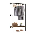 WOLTU Kleiderstange industrial schwarz,Kleiderständer für Wandmontage,Garderobenständer mit Ablage,für Schlafzimmer,Kleiderstangensystem aus Metallrohren MDF
