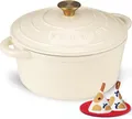 Overmont Bräter emaille Gusseisen Topf - Schmortopf 24cm backofengeeignet - mit Deckel und Kochbuch - für Küche Backen Schmoren Braten Weiß