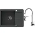 VBChome Spülbecken Granit Schwarz mit Armatur 60 x 44 cm Einzelbecken Einbauspüle Gesprenkelt Reversibel Siphon Waschbecken - Schwarz
