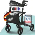 ELONEO Rollator faltbar und leicht mit Sitz, Leichtgewicht-Reiserollator aus Aluminium, Gehhilfe 8-fach höhenverstellbar, Laufhilfe 3-fach faltbar für Kofferraum, Tasche & Schirmhalter Schwarz