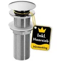 Bürstenking Ablaufgarnitur Ø 63/66 mm – Push-Open Ablaufventil - mit & ohne Überlauf & Haarsieb Push-Open / Pop-Up silberfarben Ø 6,6 cm x 12 cm