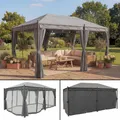 Pergola Calpe, Pavillon, stabiles 7cm-Gestell 5x3m grau mit Seitenwand + Moskitonetz