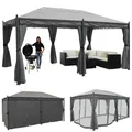 Pergola Calpe, Pavillon, 7cm-Gestell 5x3m grau mit Seitenwand+Moskitonetz