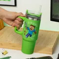 Paladone Minecraft-Thermobecher mit Strohhalm, Motiv: Steve und Creeper, 850 ml, grün, offiziell lizenzierter Quencher-Reisebecher mit Griff, für Eistee oder Kaffee, Gaming-Fanartikel