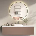 HOKO Design Badspiegel rund 60 cm Helsinki mit Energiesparend LED Beleuchtung und Metall Rahmen Schwarz. Touch Schalter.