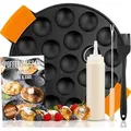 IRONO Poffertjes Pfanne - Poffertjes Maker - 19 Mini Pfannkuchen – Gusseisen Pfannkuchenpfanne - Inkl. Butterpinsel, Wendegabel, Teigflasche, Griffe