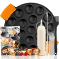 IRONO Poffertjes Pfanne - Poffertjes Maker - 19 Mini Pfannkuchen - Pancake Pfanne - Gusseisen Pfannkuchenpfanne - Eier Crepe pfanne - Inkl. Butterpinsel, Wendegabel, 6 Gabeln, Teigflasche, Griffe