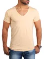 Young & Rich Herren Uni T-Shirt Basic mit extra tiefem V-Ausschnitt Slimfit deep V-Neck Stretch dehnbar 1315, Grösse:S, Farbe:Beige