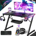 KESSER® Gaming Tisch LED | Z-Form Gamer Schreibtisch | Kopfhörerhaken & Kohlebeschichtung | Ergonomischer PC Computertisch | Stabiler Tisch mit Mauspad & Getränkehalter - 100cm x 60cm