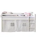 Homestyle4u Hochbett 90x200 mit Treppe weiß – Kinderbett mit Stauraum, Kiefer Massivholz, Jugendbett sicher mit Bettumrandung, Vorhang Sterne, Kinderzimmer Möbel