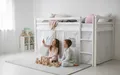Homestyle4u Hochbett 90x200 cm Weiß mit Vorhang Sterne Grau für 1 Kind Holz Massiv Kiefer mit Rausfallschutz, ohne Lattenrost, Jungen Mädchen
