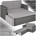 tectake Sofa Set - 2 Sitzer Sessel mit Hocker und Schlaffunktion, kleine Rattan Couch als Outdoor Gartenmöbel, wetterfest für Lounge, Balkon und Garten, klappbar mit Polstern
