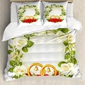 ABAKUHAUS Hochzeit Bettbezug, Rosen Trauringe, Milbensicher Allergiker geeignet mit Kissenbezügen, 200 cm x 200 cm - 80 x 80 cm, Weiß, Grün, Rot
