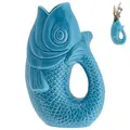 Vase Fisch 'Blubb' | 13,5x21x9cm Dolomit türkis | Blumen Dekovase Fischform Fischmaul Griff | Gefäß für Blumen und Sträucher mit Gluckgeräuschen (1 x Vase türkis 21cm)