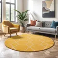 SANAT Wohnzimmerteppich – Pflegeleicht, für jeden Raum geeignet – Öko-Tex zertifizierter Flächenteppich – Trellis Muster, Gelb, 200 cm Rund