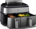 PHILIPS Heißluftfritteuse "NA555/00 Steam Airfryer 5000 Series Dual Basket, 9L Kapazität (3L+6L)", silber (silber, edelstahl)