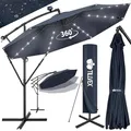 tillvex Alu Ampelschirm LED Solar Ø 300 cm mit Kurbel | Sonnenschirm mit An-/Ausschalter | Gartenschirm UV-Schutz Aluminium | Kurbelschirm mit Ständer Marktschirm wasserdicht (Navy-Blau, 300 cm)