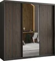 Masseno Schiebetürenschrank ORRA 180/205/60 cm Kleiderschrank mit Spiegel und Lamellen, 4 Schubladen Schlafzimmer Schrank 3-türig Schwarz + Eiche Wotan