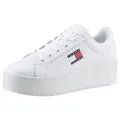 Tommy Jeans TJW FLATFORM ESS Plateausneaker, Freizeitschuh, Halbschuh, Schnürschuh mit gepolstertem Schaftrand weiß 40 EU