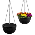 Blumenampel anthrazit in Rattan Optik 23 cm - 2er Set - Kunststoff Hängeampel mit Ablauf und Metallkette - Garten Deko Hänge Blumentopf Pflanztopf Pflanzschale Blumenschale Hängetopf Pflanzenhänger
