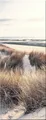 artissimo Glasbild Bild aus Glas 30x80 cm / Wandbild Hochformat / Wanddeko modern, Strand und Meer: Dünengräser mit Küstenblick in Beige