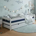 MEBLE WRÓBEL Kinderbett 90x180 cm mit 2 Schublade, Rausfallschutz und Lattenrost - Kinder Bett Montessori - Jugendbet aus Kiefer Massivholz in Weiß - Einzelbett ohne Matratze