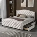 Polsterbett 160 x 200 cm - Bett mit Lattenrost, 2 Schubladen,Kopfteil mit Zugpunktnieten – Holz & Kunstleder - Weiß – Jugendbett Gästebett - Weiß