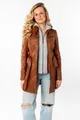 Lederjacke, mit Kapuze, (mit Gürtel) lange Lederjacke mit Gürtel & abnehmbarem Kapuzen-Inlay, Gr. L (40), cognac