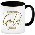 speecheese Tasse Danksagung Kaffeebecher in schwarz mit Spruch Du bist Gold wert