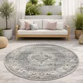 the carpet Palma - Outdoor Teppich wetterfest – Balkon Teppich, Terrasse & Garten – UV-beständig, pflegeleicht, Indoor Outdoor Teppich, Grau-Orient, 120 cm Rund