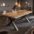 Massiver Esstisch BARRACUDA 180cm Teakholz inkl. Glasplatte Esszimmertisch Edelstahl X-Gestell - Naturbelassen