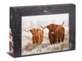 Ulmer Puzzleschmiede - Puzzle „Winterfreunde“ - Winterliches 1000 Teile Tiere-Puzzle – Puzzlemotiv mit Zwei zotteligen Hochland-Rindern - toller Bild-Kontrast zwischen Tier und Natur
