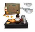 PEGSEN Servierplatte All in One Couchbar Sofatablett mit 4 Snackschalen, Birkenholz, (Set, 5-tlg., abnehmbarer Deckel, mit 4 lebensmittelechten Glasschalen), passend für Kaffeetassen, Weingläser, 0,5L Bierflaschen