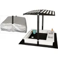 WONDERMAKE Design Sandkasten mit Matschküche, Dach, Abdeckung OXFORD 420D, Vliesfolie, Sandkiste Holz quadratisch verschließbar Outdoor Garten für Kinder, schwarz weiß