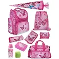 Mädchen Schulranzen 1. Klasse in Rosa mit Butterfly Schmetterlinge Motiv 10tlg. Schultaschen Set mit Sporttasche und Schultüte / Zuckertüte - Rosa