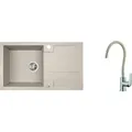 BADLAND Elza Set Spülbecken Granitspüle Einzelbecken mit langer Ablaufplatte Beige Armatur Spültischarmatur Siphon - Beige