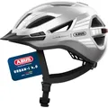 ABUS Stadthelm Urban-I 4.0 - Fahrradhelm mit aufladbarem Rücklicht, 2 Leuchtmodi, Schirm, Zopf-Öffnung und magnetischem Verschluss - für Jugendliche, Frauen und Männer - Größe M, Silber