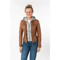Lederjacke MAURITIUS "NOLA", Damen, Gr. XXL/44, braun (cognac), Obermaterial: 100% Schafsleder. Futter: 100% Baumwolle. Ärmelfutter: 100% Polyester. Kapuze: 55% Polyester, 45% Baumwolle, kontrastfarbene Details, modisch, sehr figurbetont kurz, Rundhals, Langarm 2-Naht-Ärmel mit Reißverschluss, Jacken, Two-in-One Style - mit abnehmbarer Jersey-Kapuze