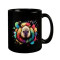 Capybara Aquarell Tasse in Schwarz Lebendige Farbspritzer Bunte Tropfen Mehrfarbiges Nagetier Design Capybara Aquarell Tasse