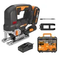 WORX Nitro WX542 Akku-Pendelhub-Stichsäge 20V - Bürstenloser Motor - Profi Stichsäge mit Absaug-Adapter - Ideal auch für Gehrungsschnitte - PowerShare kompatibel - mit Akku & Schnellladegerät, Schwarz