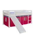 Homestyle4u Kinderhochbett 90x200 mit Rutsche Hochbett für Mädchen Weiß aus Kiefer Massivholz, Vorhang Pink, Leiter und Absturzsicherung
