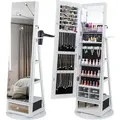COSTWAY Schmuckschrank 360° drehbar mit Ganzkörperspiegel, LED-Leucheten abschließbar, Standspiegel für Schmuck (Weiß) - Weiß