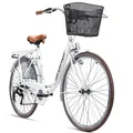 Bergsteiger Paris 26,28 Zoll Damenfahrrad, ab 140 cm, Korb, Fahrrad-Licht, 6 Gang-Schaltung, Damen-Citybike, Damenrad im Retro-Design