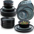 SÄNGER Manila | Tafelservice 24 teilig, Steingut Geschirr Set 6 Personen, 6x Teller Set 6x Frühstücksteller 6x Tiefe Teller 6x Pastaschalen blau mit schwarzem Rand | VALUE COLLECTION