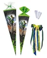 Nestler Schultüten-Set zum Befüllen, Handgemachte Zuckertüte aus Karton - Motiv Wheelie, Schultüte, Spitzenschutz, Schleife (grün, 70 cm rund)