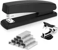 Deli Heftgerät, Desktop-Heftgerät,Büroheftgerät, Kapazität von 25 Blatt, inklusive 1000 Heftklammern und Heftklammernentferner, Schwarz